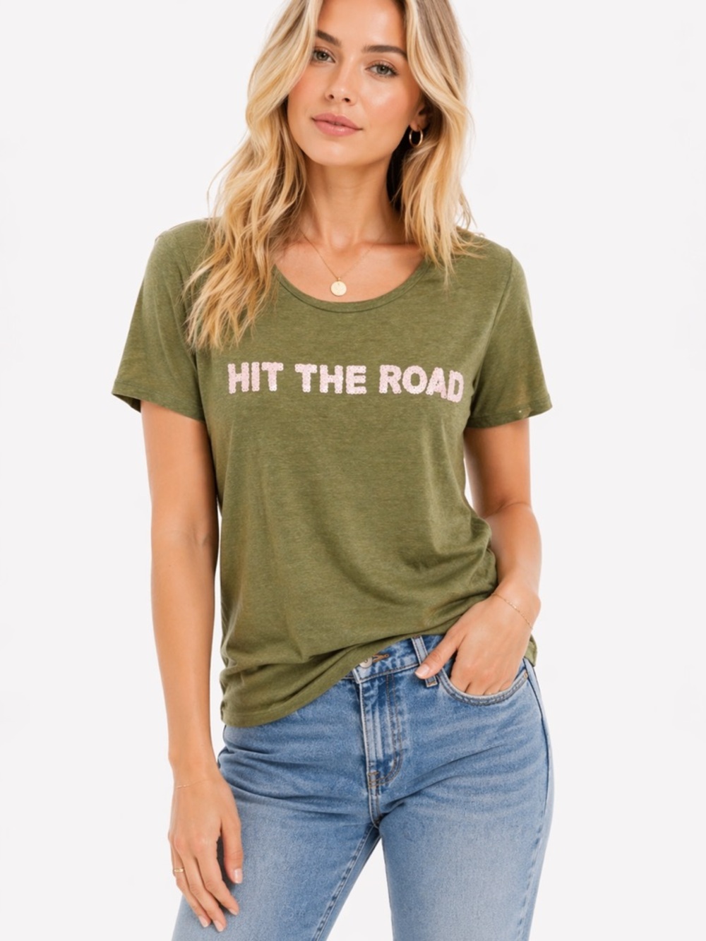 Tory Burch Size Medium "Hit The Road" Sequins Olive Green' Graphic Tee